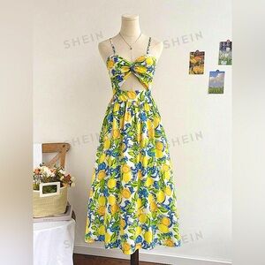 SHEIN Vacation Lemon Spaghetti Strap V-Neck
Knotted Waist A-Line Midi Dress